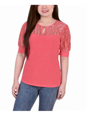 NY Collection Women's Medium Petite Pink Puff Lace Sleeve Top NWT
